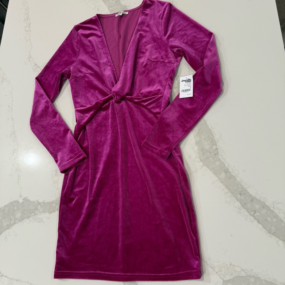 Y2K Charlotte Russe NWT Velour LongSleeve Plunge Mini Dress Womens Small Magenta - Picture 2 of 7